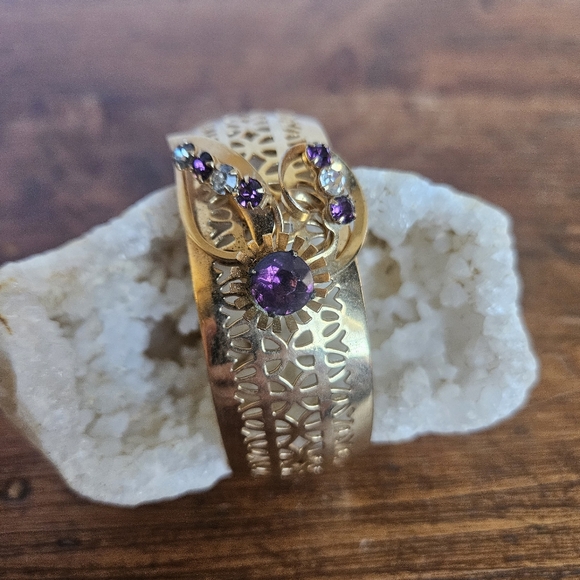 Elegant Gold-tone and Purple Rhinestone Cuff Bracelet - Picture 2 of 8